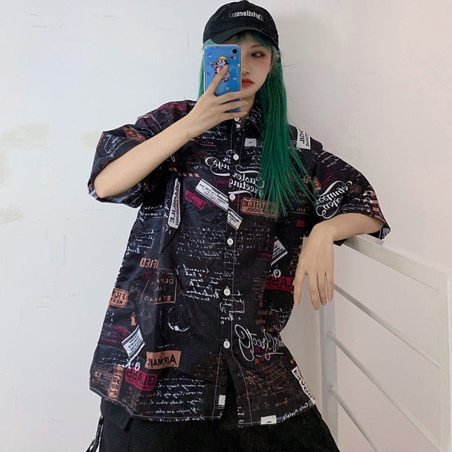 NiceMix Women blouse short Sleeve pattern Print Loose Blouses Tops Female Shirt Hip hop Ladies Casual Button Blouse Streetwear
