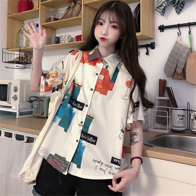 NiceMix Women blouse short Sleeve pattern Print Loose Blouses Tops Female Shirt Hip hop Ladies Casual Button Blouse Streetwear