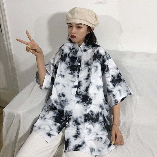 NiceMix Women blouse short Sleeve pattern Print Loose Blouses Tops Female Shirt Hip hop Ladies Casual Button Blouse Streetwear