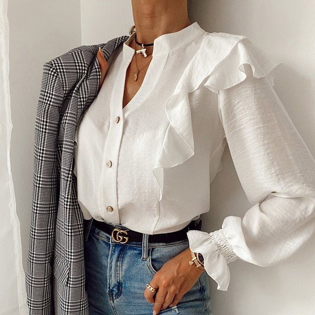 Lady Autumn Long Sleeve Polka Dot Ruffle Blouse Shirt Elegant Casual O Neck Buttons Pullover Women 2020 Spring streetwear Tops