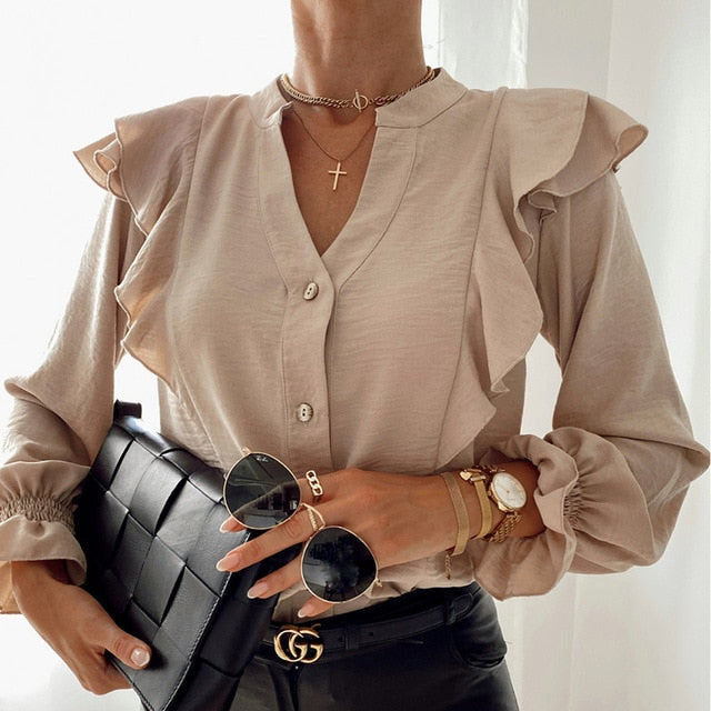 Lady Autumn Long Sleeve Polka Dot Ruffle Blouse Shirt Elegant Casual O Neck Buttons Pullover Women 2020 Spring streetwear Tops