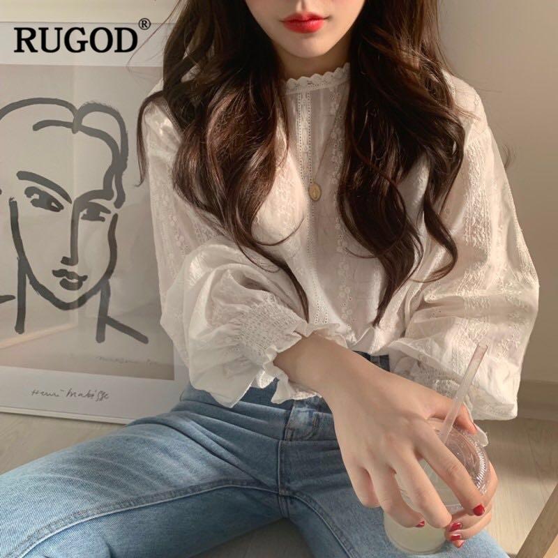 RUGOD Korean Elegant Floral Print Women Blouse Vintage Lantern Sleeves Lace White Sweet Ladies Shirts Casual Femme Tops Modis