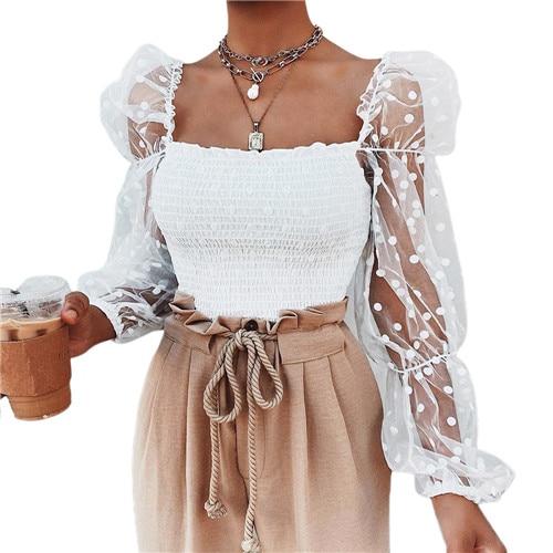 2020 Summer Sexy Crop Top Women Ruffles Polka Dot Slash Neck Puff Sleeve Backless Short Blouse Mesh Club Party Female Shirts