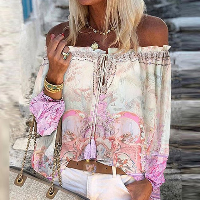 Women Sexy Lace-up Tassel Off Shoulder Blouse Shirt 2020 Autumn Elegant Floral Print Flare Long Sleeve Tops Ladies Chic Blouses