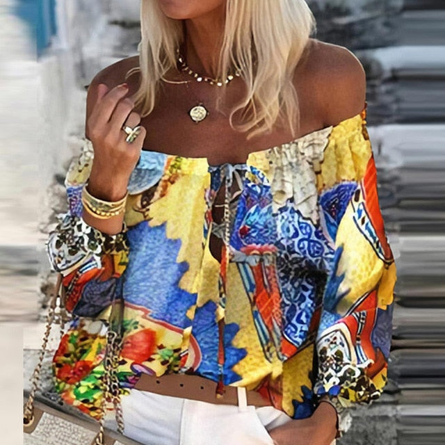 Women Sexy Lace-up Tassel Off Shoulder Blouse Shirt 2020 Autumn Elegant Floral Print Flare Long Sleeve Tops Ladies Chic Blouses