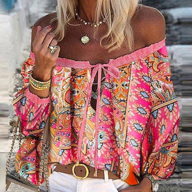 Women Sexy Lace-up Tassel Off Shoulder Blouse Shirt 2020 Autumn Elegant Floral Print Flare Long Sleeve Tops Ladies Chic Blouses
