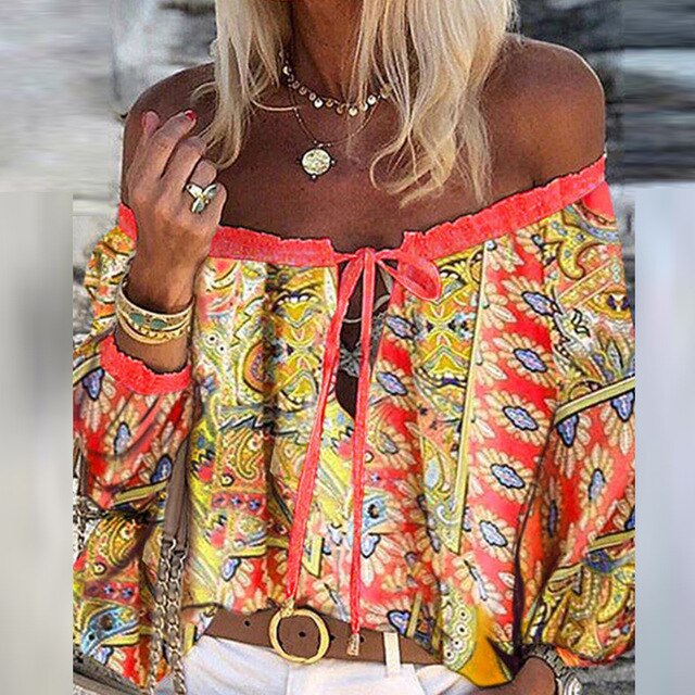 Women Sexy Lace-up Tassel Off Shoulder Blouse Shirt 2020 Autumn Elegant Floral Print Flare Long Sleeve Tops Ladies Chic Blouses