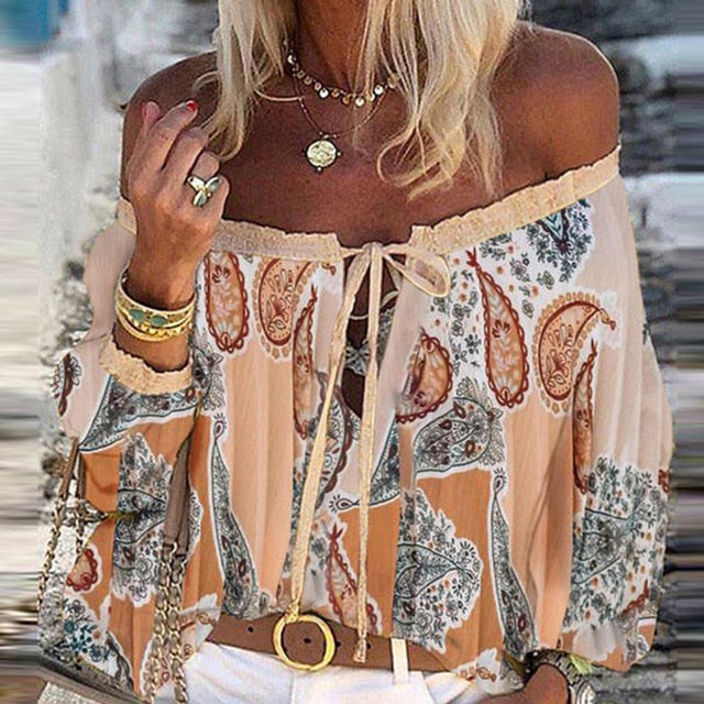 Women Sexy Lace-up Tassel Off Shoulder Blouse Shirt 2020 Autumn Elegant Floral Print Flare Long Sleeve Tops Ladies Chic Blouses