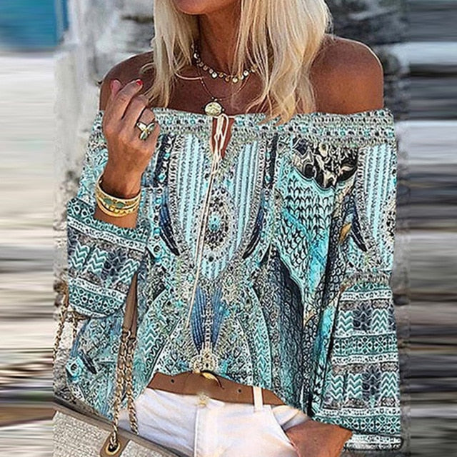 Women Sexy Lace-up Tassel Off Shoulder Blouse Shirt 2020 Autumn Elegant Floral Print Flare Long Sleeve Tops Ladies Chic Blouses