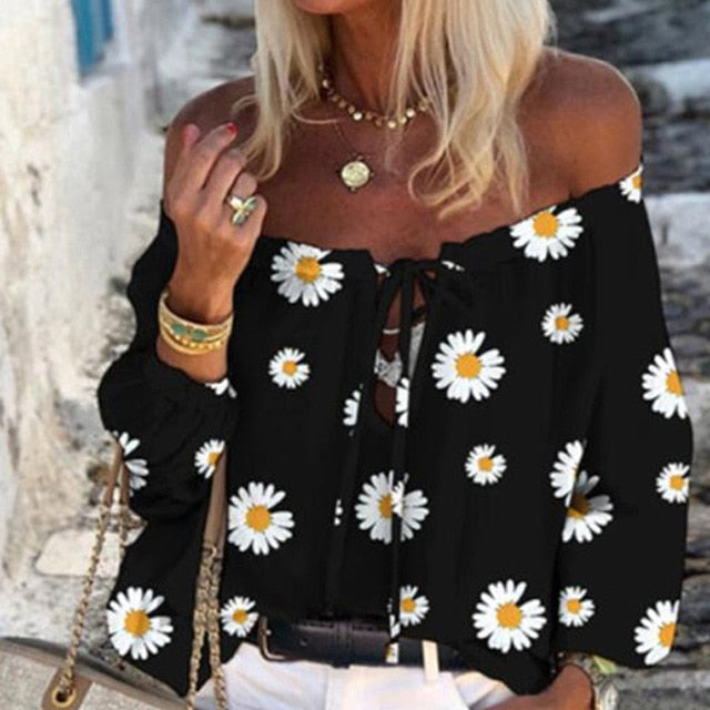 Women Sexy Lace-up Tassel Off Shoulder Blouse Shirt 2020 Autumn Elegant Floral Print Flare Long Sleeve Tops Ladies Chic Blouses