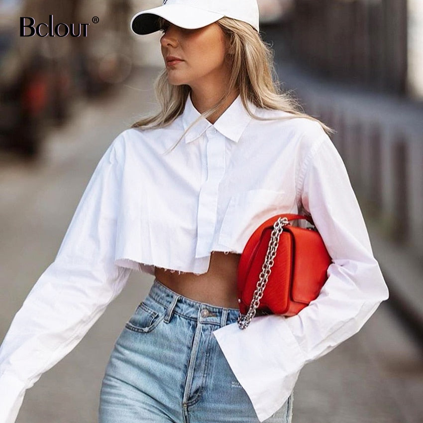 Bclout Office Crop Top Women Blouses Sexy Turn Down Collar White Shirt Flare Sleeve Blouse Female Autumn Streetwear Fashion Tops