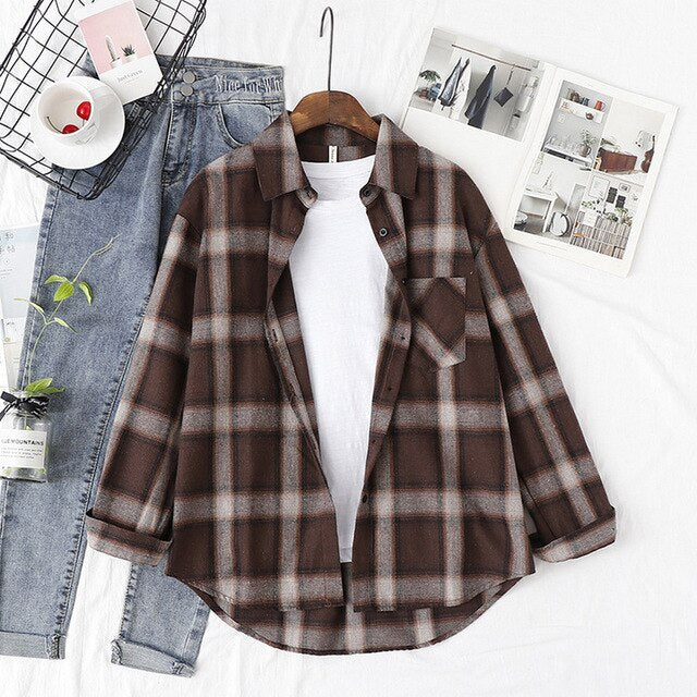 Wixra Women Blouse Tops Turn-down Collar Loose Long Sleeve Plaid Casual Shirts Lady Casual Style Tops Clothes Blusas