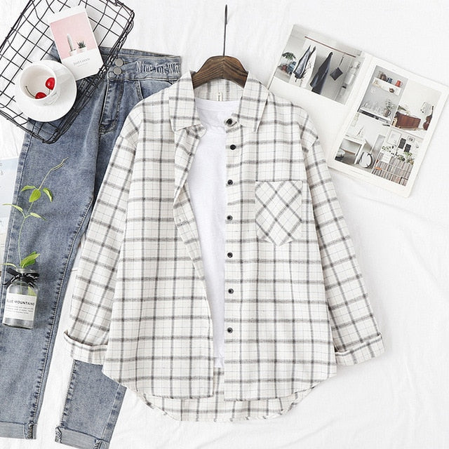Wixra Women Blouse Tops Turn-down Collar Loose Long Sleeve Plaid Casual Shirts Lady Casual Style Tops Clothes Blusas
