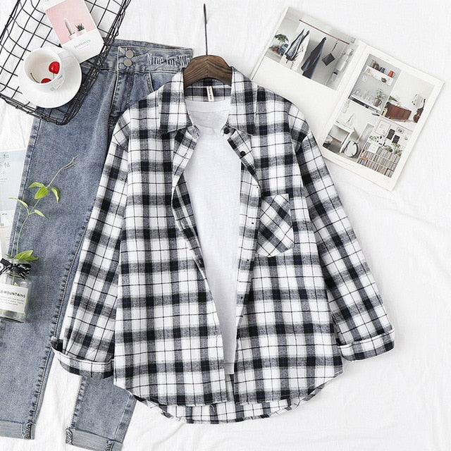 Wixra Women Blouse Tops Turn-down Collar Loose Long Sleeve Plaid Casual Shirts Lady Casual Style Tops Clothes Blusas