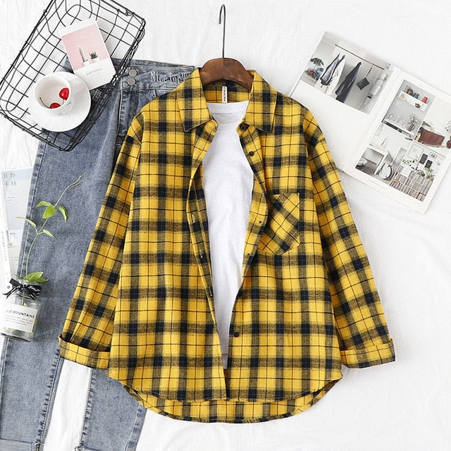 Wixra Women Blouse Tops Turn-down Collar Loose Long Sleeve Plaid Casual Shirts Lady Casual Style Tops Clothes Blusas