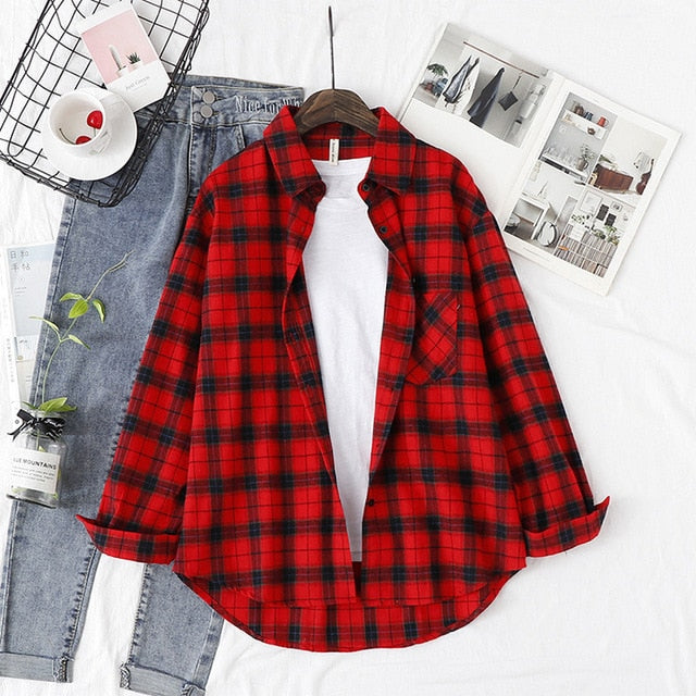 Wixra Women Blouse Tops Turn-down Collar Loose Long Sleeve Plaid Casual Shirts Lady Casual Style Tops Clothes Blusas