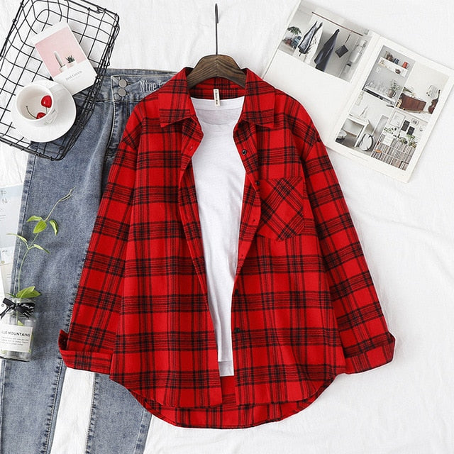 Wixra Women Blouse Tops Turn-down Collar Loose Long Sleeve Plaid Casual Shirts Lady Casual Style Tops Clothes Blusas