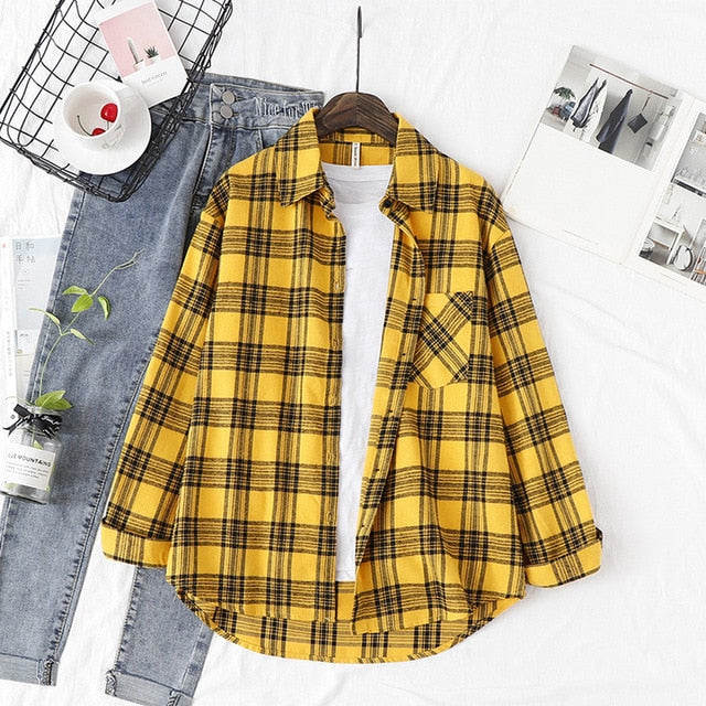 Wixra Women Blouse Tops Turn-down Collar Loose Long Sleeve Plaid Casual Shirts Lady Casual Style Tops Clothes Blusas