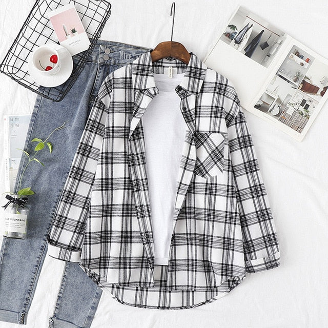 Wixra Women Blouse Tops Turn-down Collar Loose Long Sleeve Plaid Casual Shirts Lady Casual Style Tops Clothes Blusas