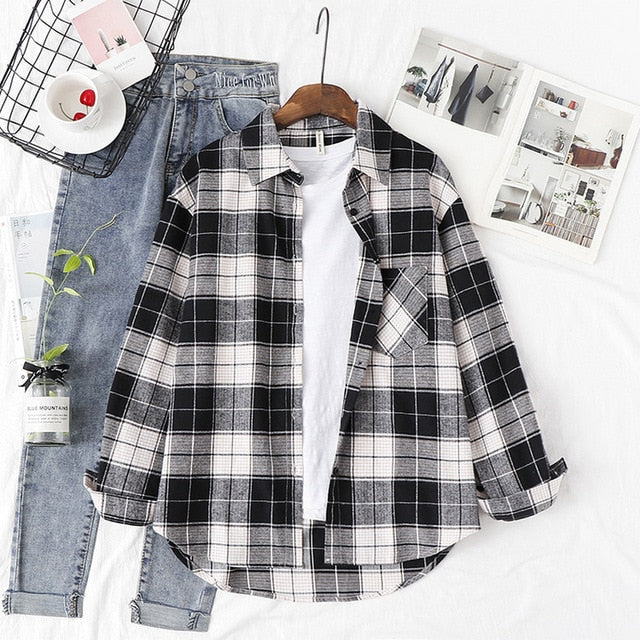 Wixra Women Blouse Tops Turn-down Collar Loose Long Sleeve Plaid Casual Shirts Lady Casual Style Tops Clothes Blusas