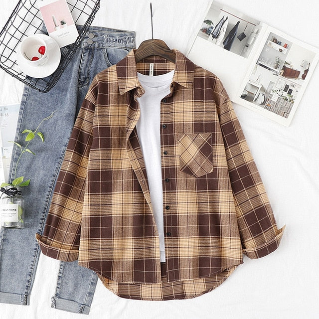 Wixra Women Blouse Tops Turn-down Collar Loose Long Sleeve Plaid Casual Shirts Lady Casual Style Tops Clothes Blusas