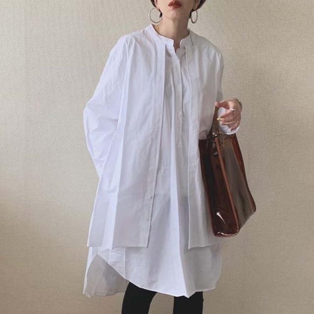 Office Casual White Korean Blouse Shirt Women Clothing Ladies Stand Collar Solid Lantern Long Sleeve Spring Tops Long Blouses