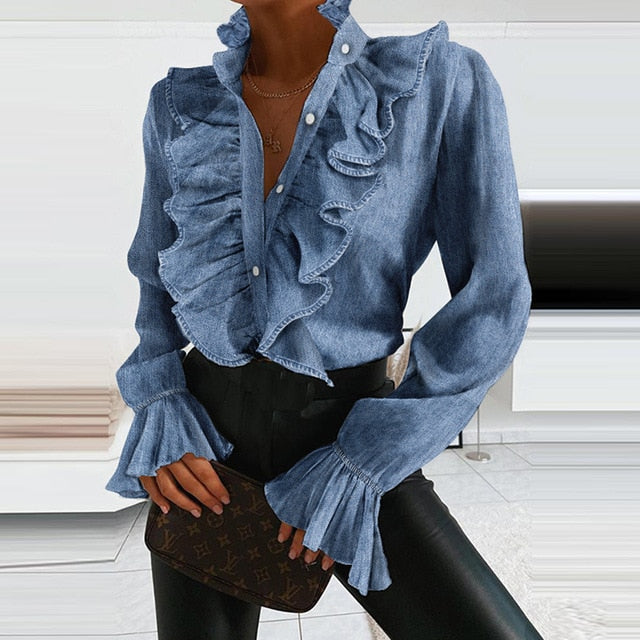 Elegant V Neck Button Office Lady Blouse Shirt Autumn Winter Long Sleeve Women Tops Pullover Sexy Polka Dot Ruffle Casual Blusas