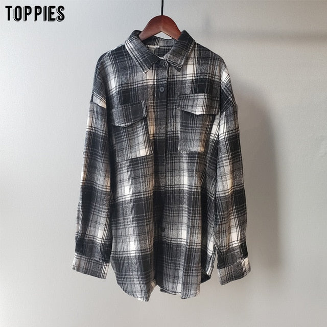 Toppies 2020 vintage plaid shirt jackets women oversized shirts ladies tops plus size clothing fall