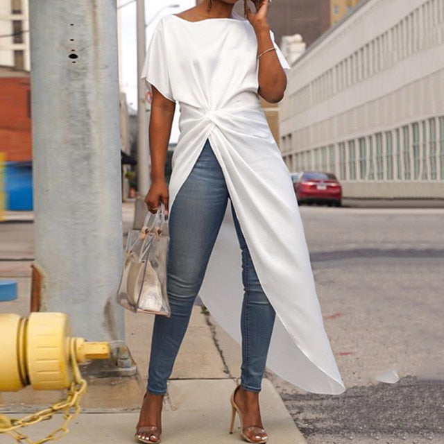 VONDA Women Asymmetrical Blouse Sexy Split Hem Striped Party Tops Long Ladies Office Shirts 2020 Women Tunic Plus Size Blusas