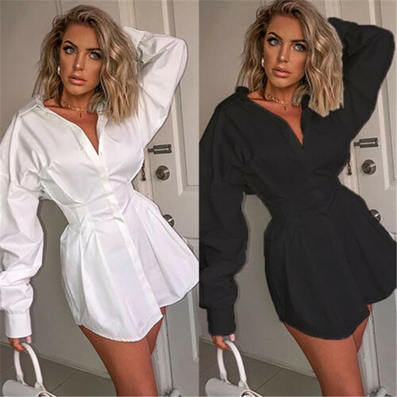 Women Deep V Neck Blouses Puff Sleeve White and Black Tops Office Lady Long Sleeve Shirts Autumn Clothes Vestidos Plus Size S-XL