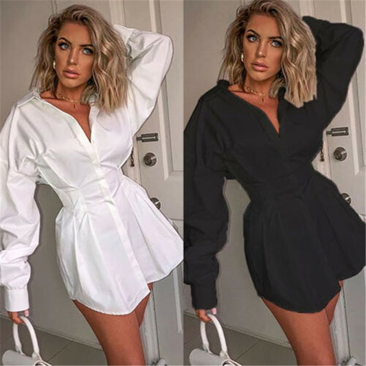 Women Deep V Neck Blouses Puff Sleeve White and Black Tops Office Lady Long Sleeve Shirts Autumn Clothes Vestidos Plus Size S-XL