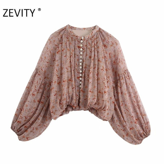 Zevity Women o neck cashew nut print casual chiffon smock blouse ladies pleats lantern sleeve shirt femininas blusas tops LS7213