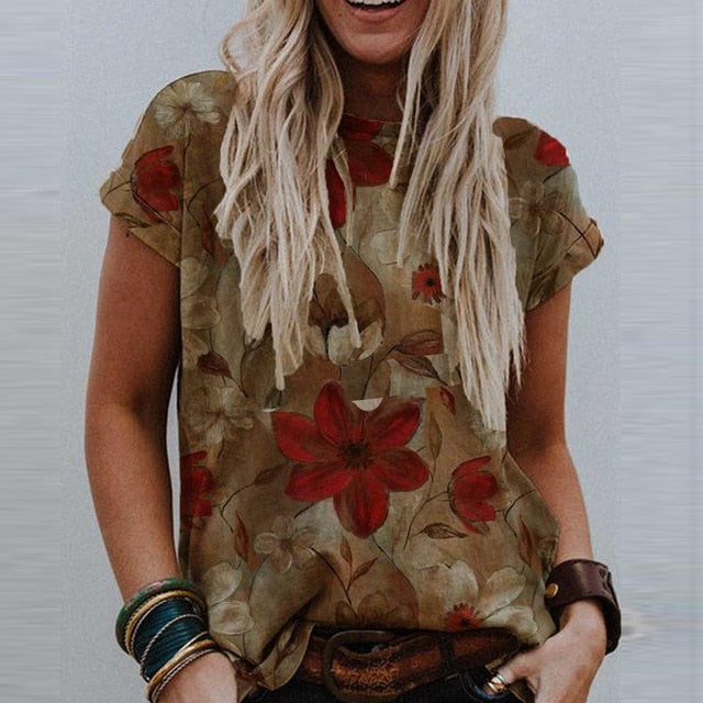 3XL Vintage Pattern Print Blouse Shirt Women 2020 Summer O Neck Short Sleeve Loose Tops Pullover Female Casual Streetwear Blusas