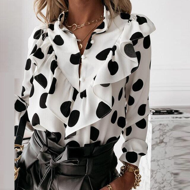 Women Elegant Polka Dot Ruffle blouse shirt 2020 Autumn Long Sleeve V-Neck Pullover Tops Office Lady New 3XL Casual Button blusa
