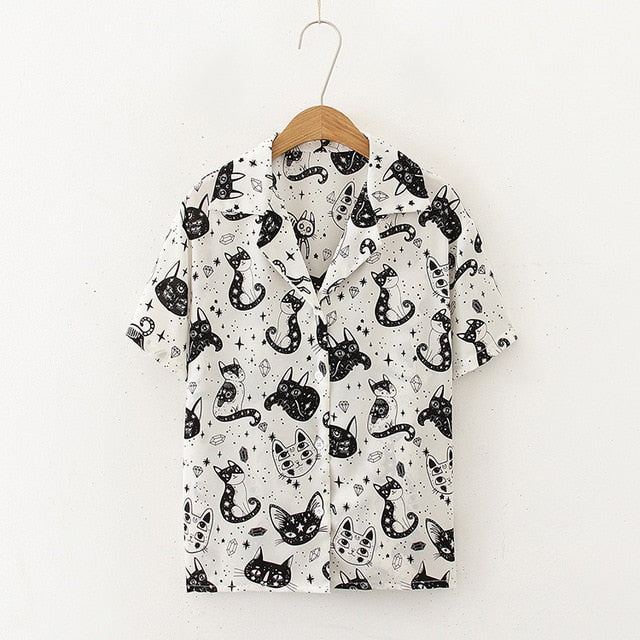 Autumn Spring Women Shirts Black White Cartoon Cat Print Blouses Fashion Slim Long Sleeve Chiffon Shirt Female Tops Blusas Mujer