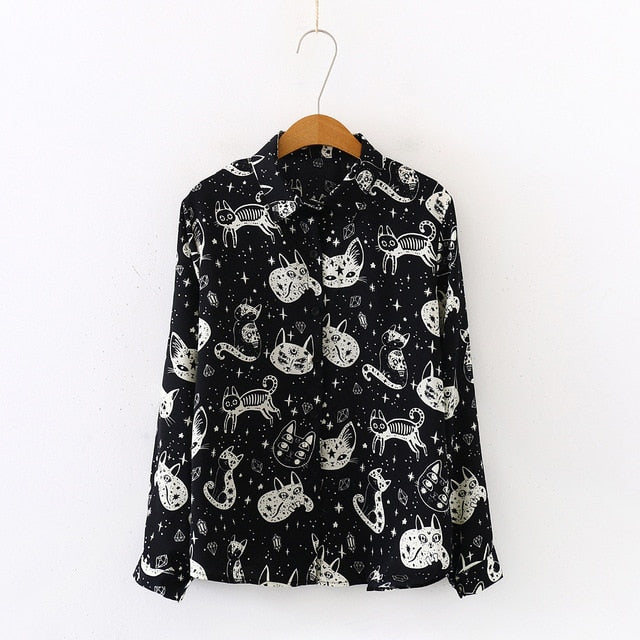 Autumn Spring Women Shirts Black White Cartoon Cat Print Blouses Fashion Slim Long Sleeve Chiffon Shirt Female Tops Blusas Mujer