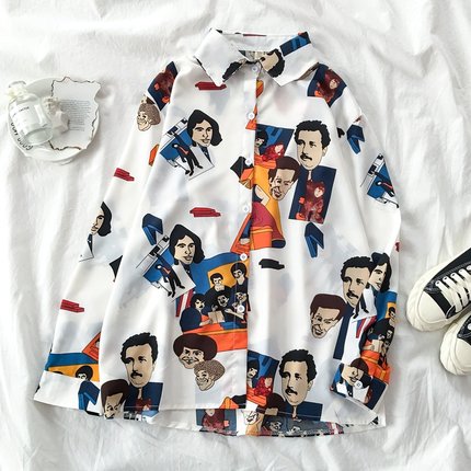 Autumn Spring Women Shirts Black White Cartoon Cat Print Blouses Fashion Slim Long Sleeve Chiffon Shirt Female Tops Blusas Mujer