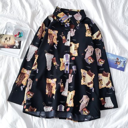 Autumn Spring Women Shirts Black White Cartoon Cat Print Blouses Fashion Slim Long Sleeve Chiffon Shirt Female Tops Blusas Mujer