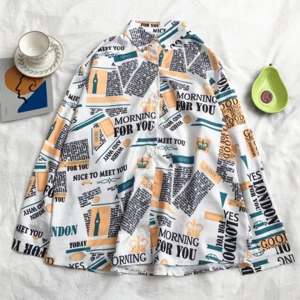 Autumn Spring Women Shirts Black White Cartoon Cat Print Blouses Fashion Slim Long Sleeve Chiffon Shirt Female Tops Blusas Mujer