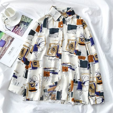 Autumn Spring Women Shirts Black White Cartoon Cat Print Blouses Fashion Slim Long Sleeve Chiffon Shirt Female Tops Blusas Mujer