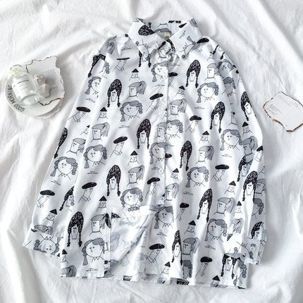 Autumn Spring Women Shirts Black White Cartoon Cat Print Blouses Fashion Slim Long Sleeve Chiffon Shirt Female Tops Blusas Mujer