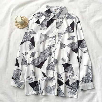 Autumn Spring Women Shirts Black White Cartoon Cat Print Blouses Fashion Slim Long Sleeve Chiffon Shirt Female Tops Blusas Mujer