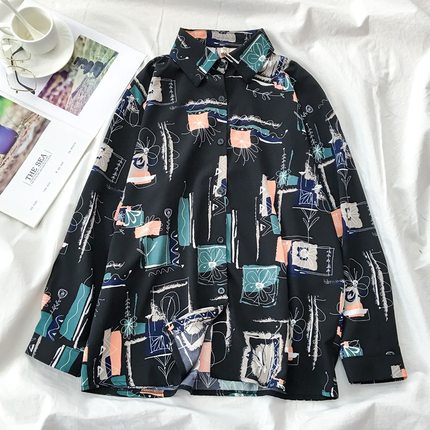 Autumn Spring Women Shirts Black White Cartoon Cat Print Blouses Fashion Slim Long Sleeve Chiffon Shirt Female Tops Blusas Mujer