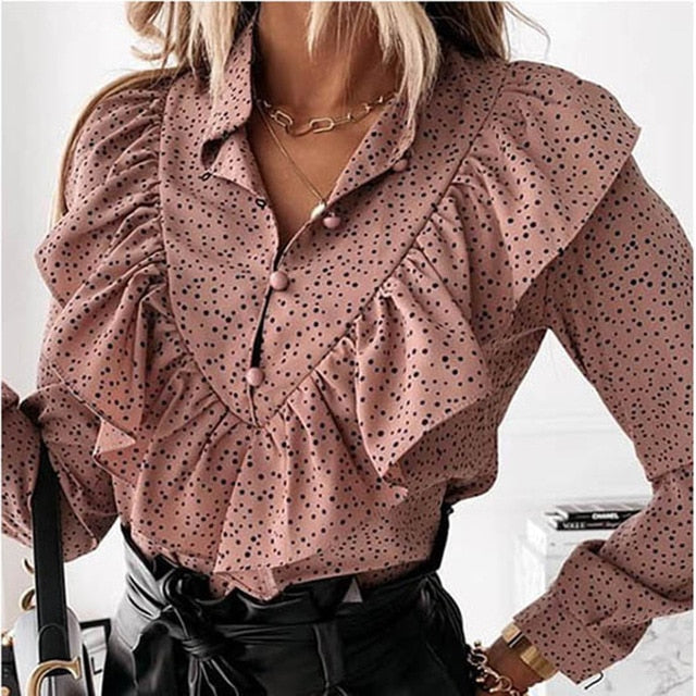 Lady Autumn Long Sleeve Polka Dot Ruffle Blouse Shirt Elegant Casual O Neck Buttons Pullover Women 2020 Spring streetwear Tops