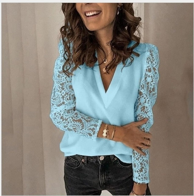 Elegant White Lace Blouse Long Sleeve Women Sexy V-Neck Shirts Top Solid Color Black Shirt Plus Size 5XL Multiple Colors Blouses