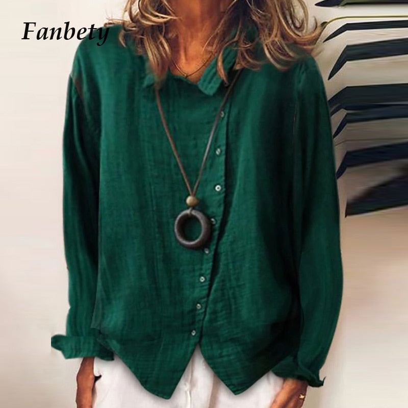 Women Autumn Long Sleeve Cotton Linen Blouse Shirts Elegant Floral Print Female Tops Ladies Casual Plus Size Streetwear Blouses