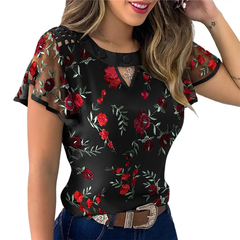 4 Styles Sexy Women Ladies Ruffle Sleeve Tops Pullover Dot Polk Embroidery Floral Print Blouse OL Casual Jumper Tee 2020