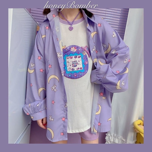Deeptown Korean Style Women Shirts Kawaii Autumn Fashion JK Blouse Women Long Sleeve Cute Loose Button Up Shirt Oversized Tops