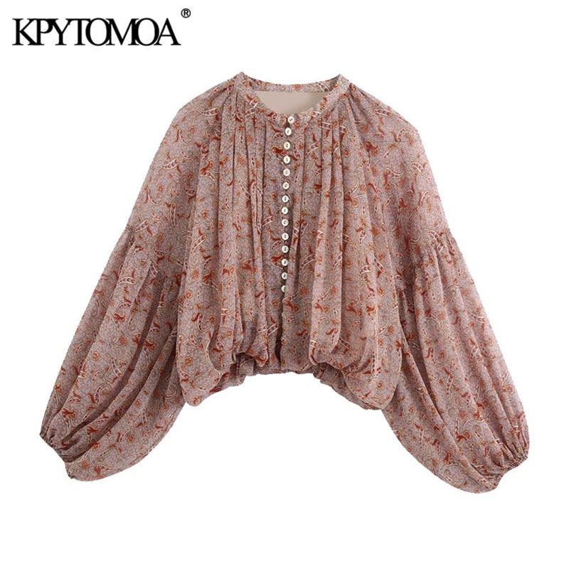 KPYTOMOA Women 2020 Fashion Paisley Print Cropped Blouses Vintage Lantern Sleeve Elastic Hem Female Shirts Chic Tops