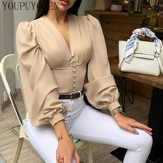 Ladies Elegant Blouse Lantern Long Sleeve Tops 2020 Autumn V Neck Crop Top Fashion Shirts Women Button Up Shirt Vintage Clothing